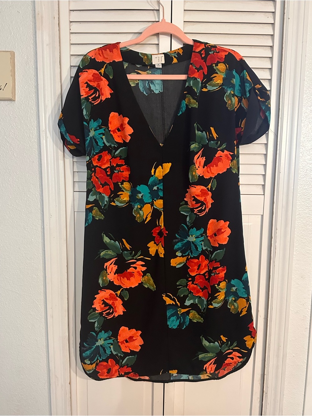 a new day Black Shift Dress with Orange, Teal & Yellow Floral Print